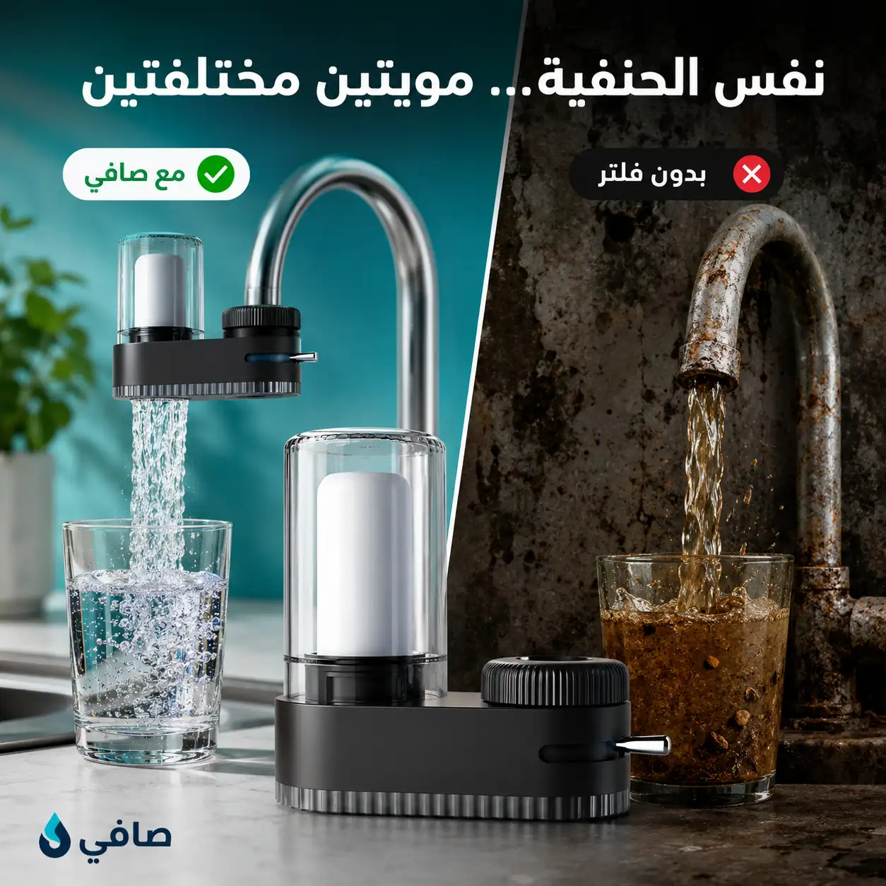 نفس الحنفية ومويتين مختلفتين — مع صافي وبدون فلتر