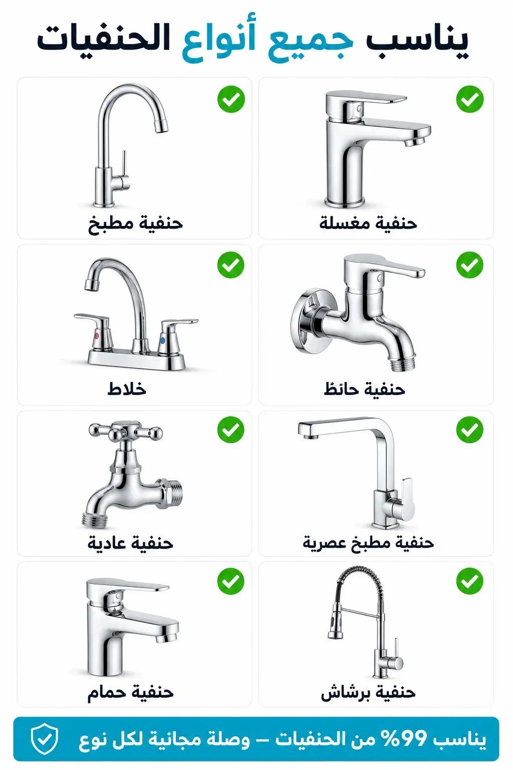 يناسب جميع أنواع الحنفيات — مطبخ، مغسلة، خلاط وغيرها